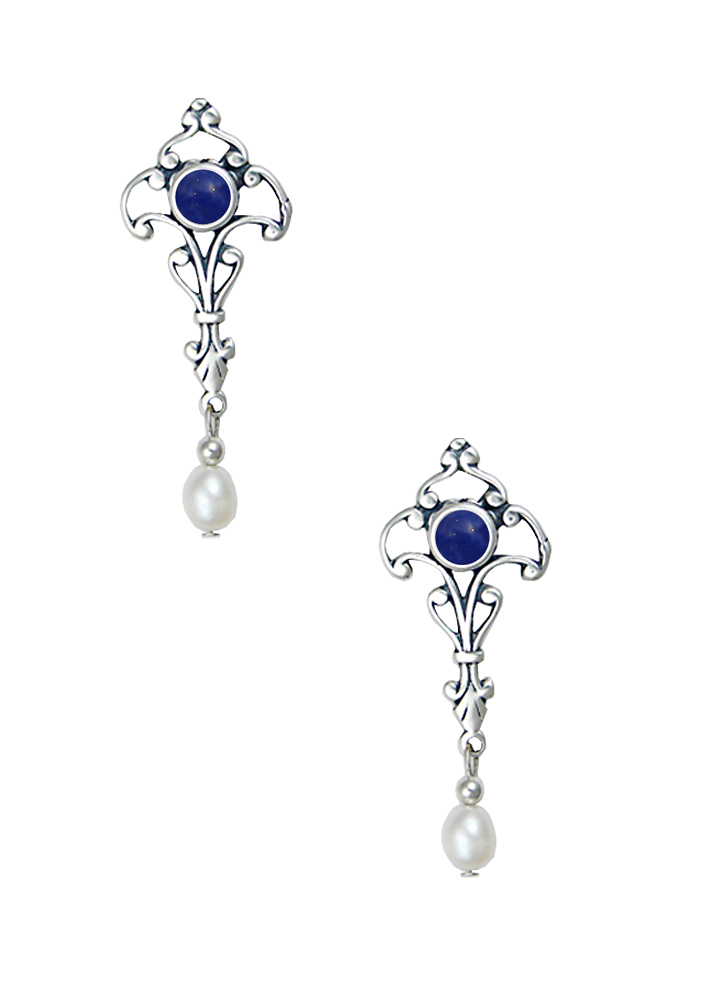 Sterling Silver Romantic Victorian Drop Dangle Earrings With Lapis Lazuli